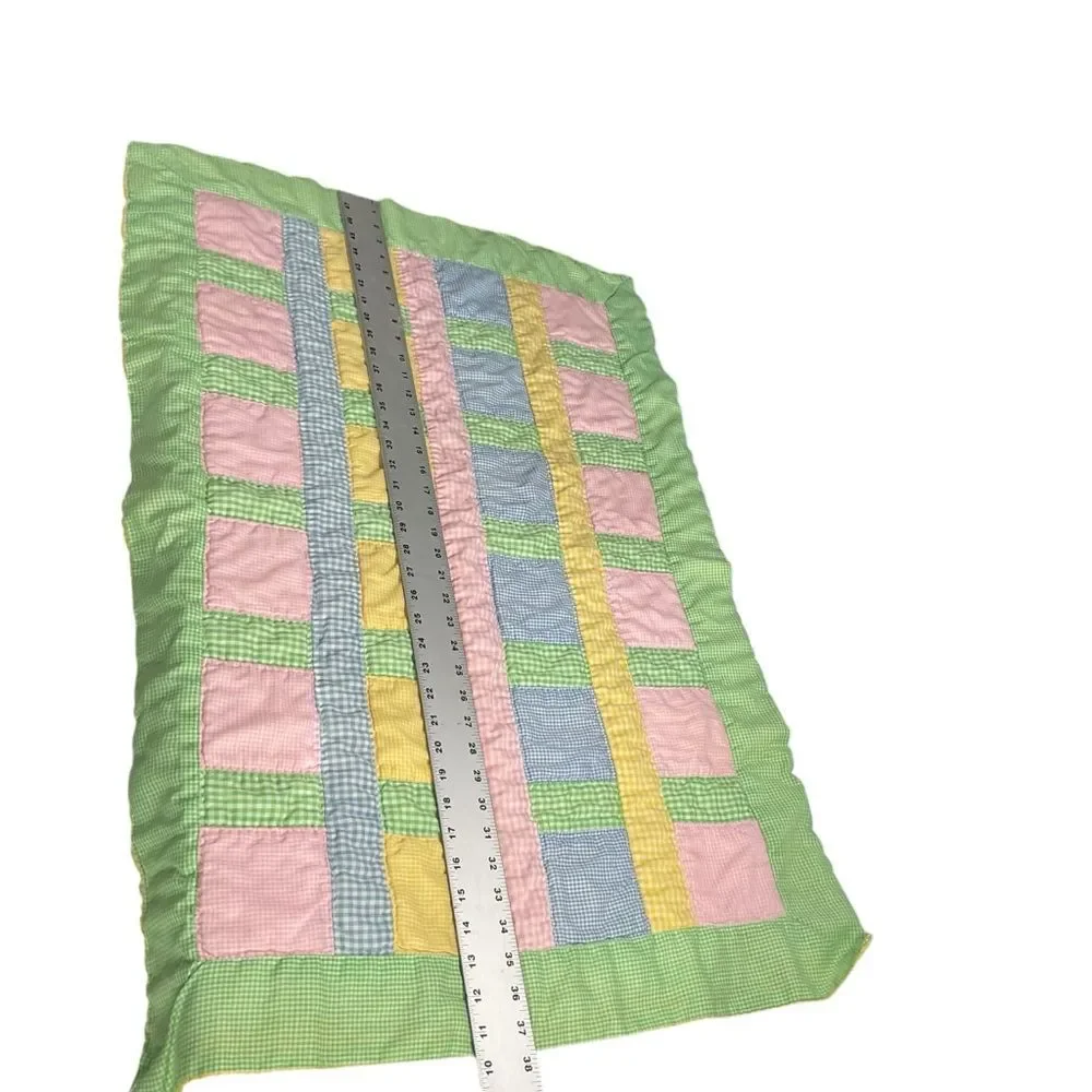 Handcrafted Pastel Gingham Print Block Design Quilted Baby Crib Blanket 38